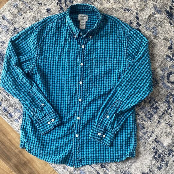 LL bean Traditional Fit Blue Gingham Button Up Long Sleeve Size Small - Picture 1 of 6